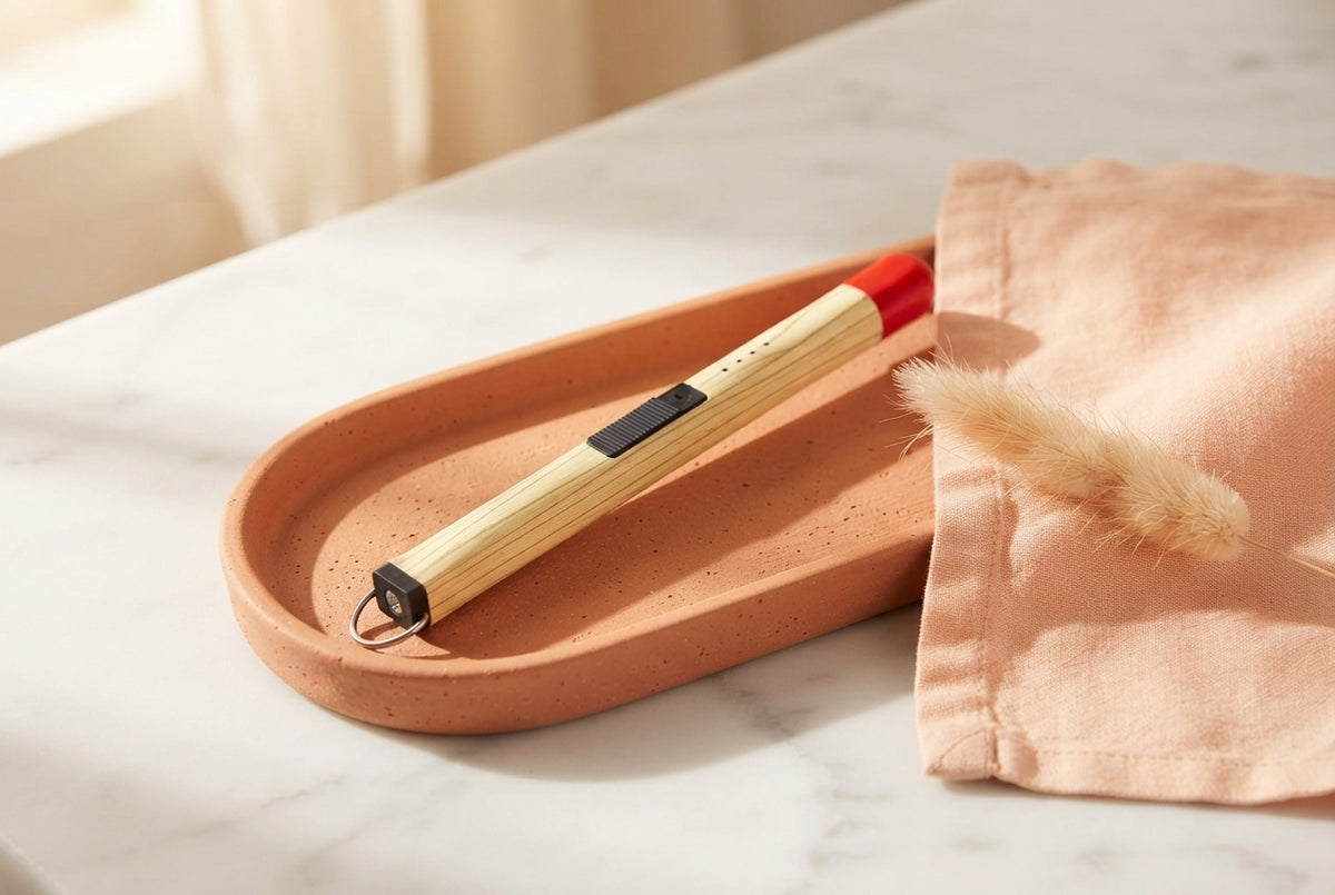 Electric matchstick arc lighter resting on a terracotta tray next to a peach linen cloth and dried grass on a white surface.